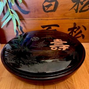 Vtg Shirokiya Lacquer Otagiri Box Round Black Japanese Organizer Mid Century